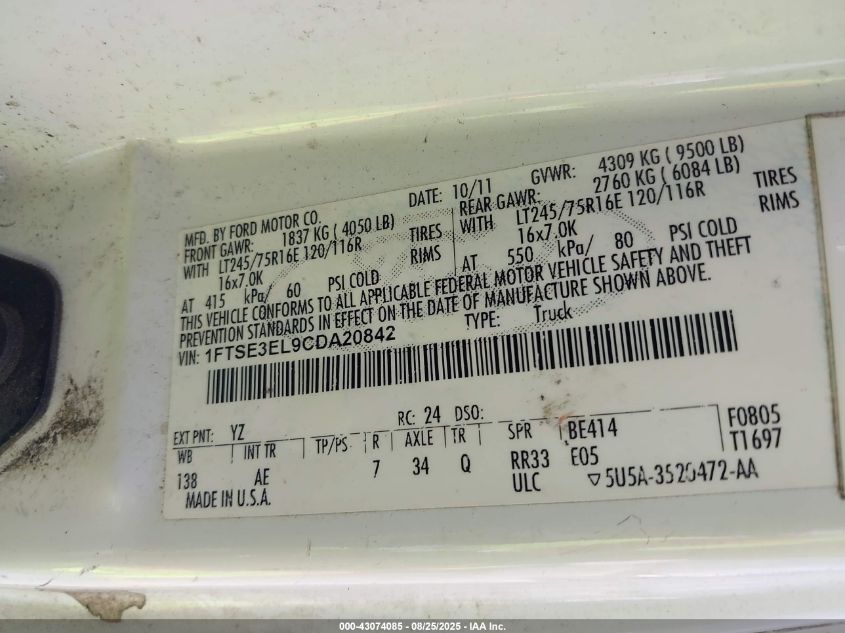 2012 Ford E-350 Super Duty Commercial VIN: 1FTSE3EL9CDA20842 Lot: 43074085