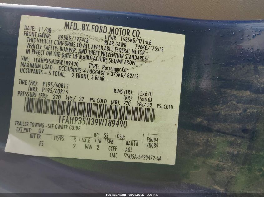 2009 Ford Focus Se VIN: 1FAHP35N39W189490 Lot: 43074088