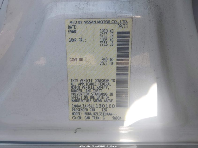 2014 Nissan Altima 2.5 S VIN: 1N4AL3AP6EC130160 Lot: 43074105