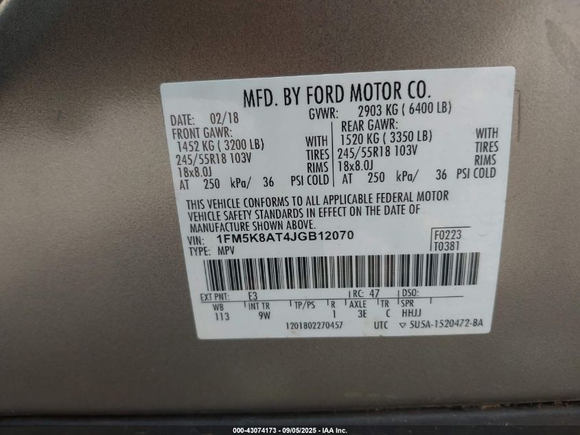 2018 Ford Police Interceptor VIN: 1FM5K8AT4JGB12070 Lot: 43074173