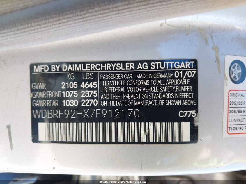 2007 Mercedes-Benz C 280 Luxury 4Matic VIN: WDBRF92HX7F912170 Lot: 43074208