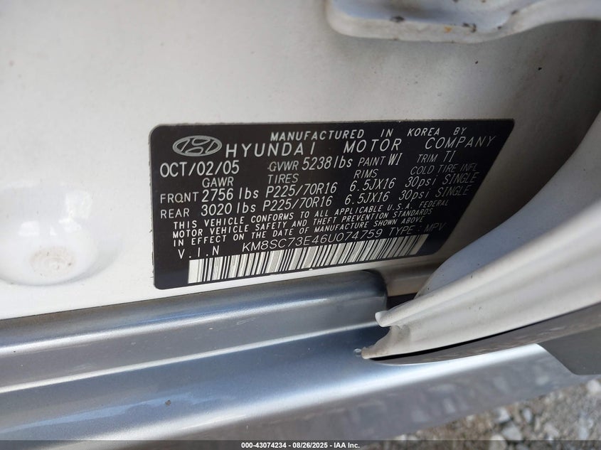 2006 Hyundai Santa Fe Gls/Limited VIN: KM8SC73E46U074759 Lot: 43074234