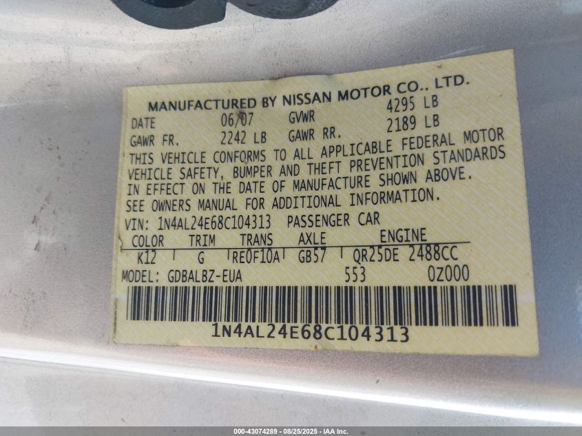 2008 Nissan Altima 2.5 S VIN: 1N4AL24E68C104313 Lot: 43074289