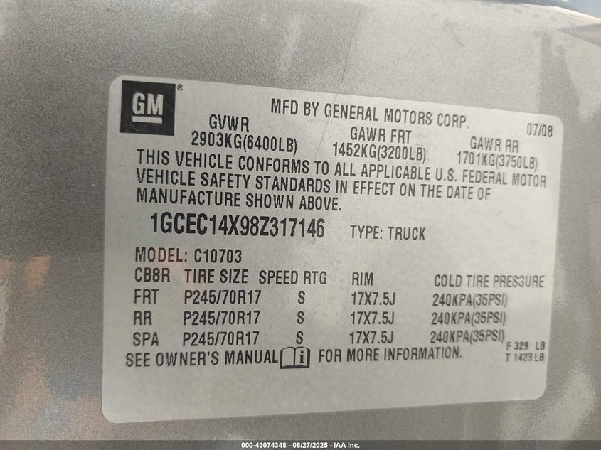 2008 Chevrolet Silverado 1500 Work Truck VIN: 1GCEC14X98Z317146 Lot: 43074348