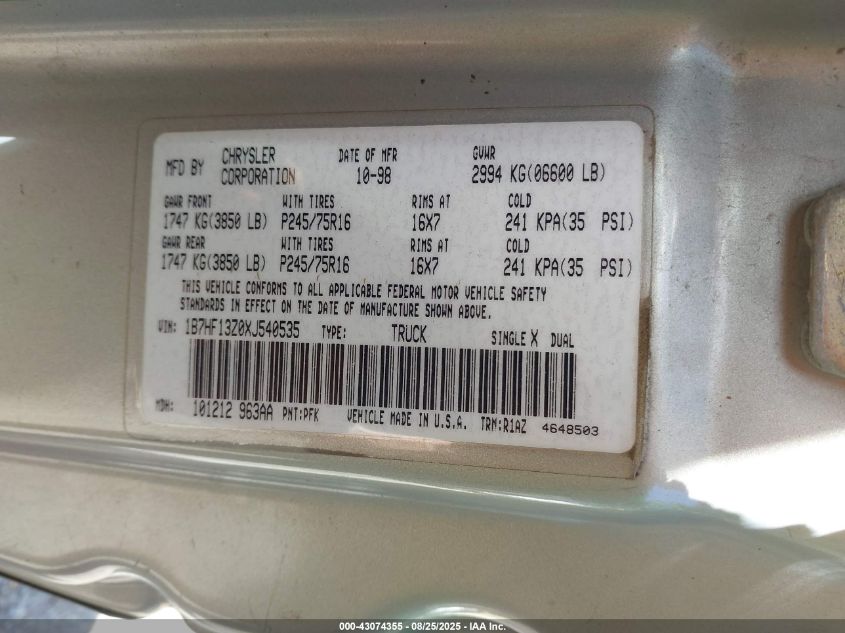 1999 Dodge Ram 1500 VIN: 1B7HF13Z0XJ540535 Lot: 43074355