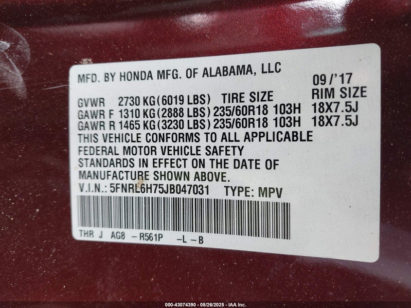 2018 Honda Odyssey Ex-L VIN: 5FNRL6H75JB047031 Lot: 43074390