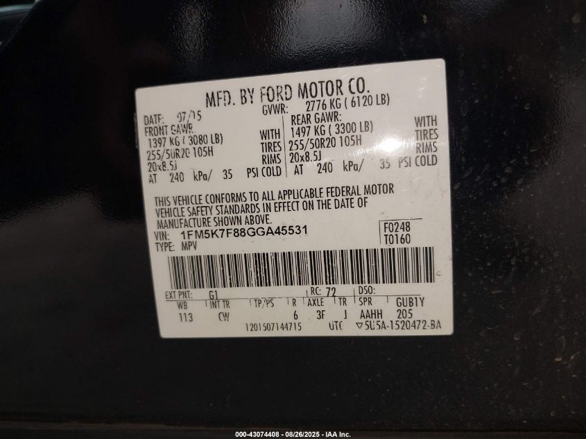 2016 Ford Explorer Limited VIN: 1FM5K7F88GGA45531 Lot: 43074408