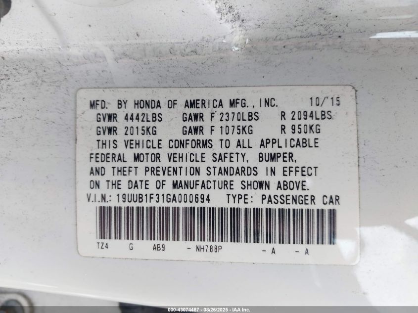 2016 Acura Tlx VIN: 19UUB1F31GA000694 Lot: 43074487