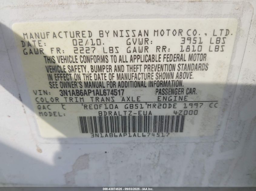 2010 Nissan Sentra 2.0S VIN: 3N1AB6AP1AL674517 Lot: 43074526
