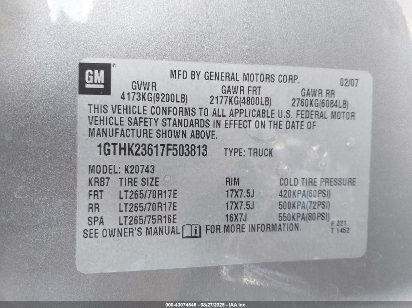 2007 GMC Sierra 2500Hd Slt VIN: 1GTHK23617F503813 Lot: 43074546