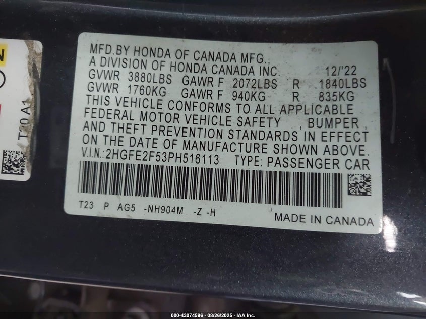 2023 HONDA CIVIC SPORT - 2HGFE2F53PH516113