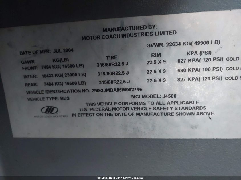 2005 International Bus VIN: 2M93JMDA85W062746 Lot: 43074600