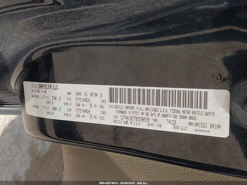 2008 Dodge Ram 1500 Laramie VIN: 1D7HA18278S598539 Lot: 43074610