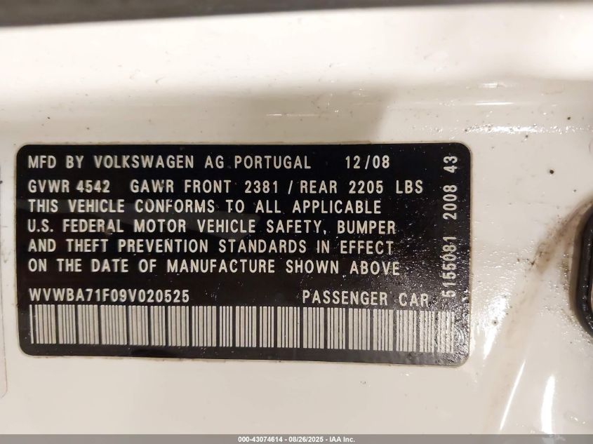 2009 Volkswagen Eos Komfort VIN: WVWBA71F09V020525 Lot: 43074614