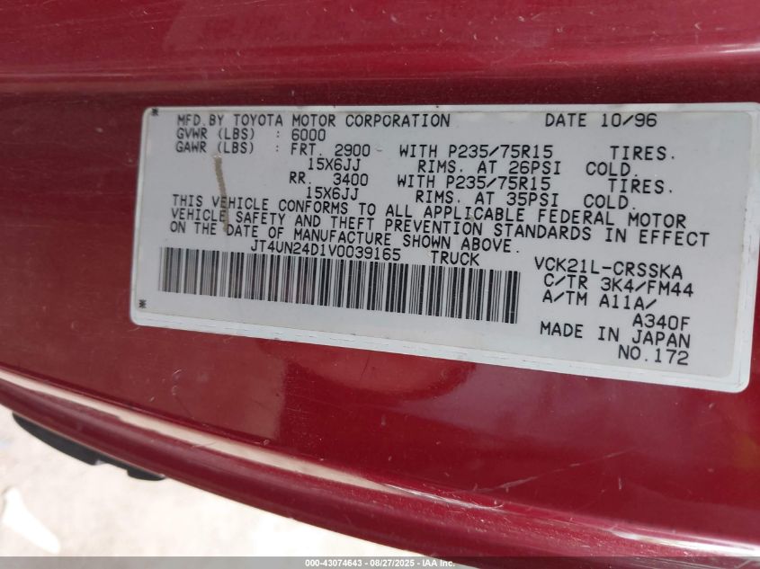 1997 Toyota T100 Sr5 V6 VIN: JT4UN24D1V0039165 Lot: 43074643