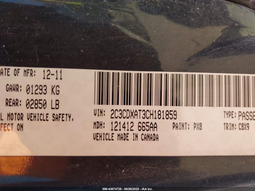 2012 Dodge Charger Police VIN: 2C3CDXAT3CH181859 Lot: 43074729