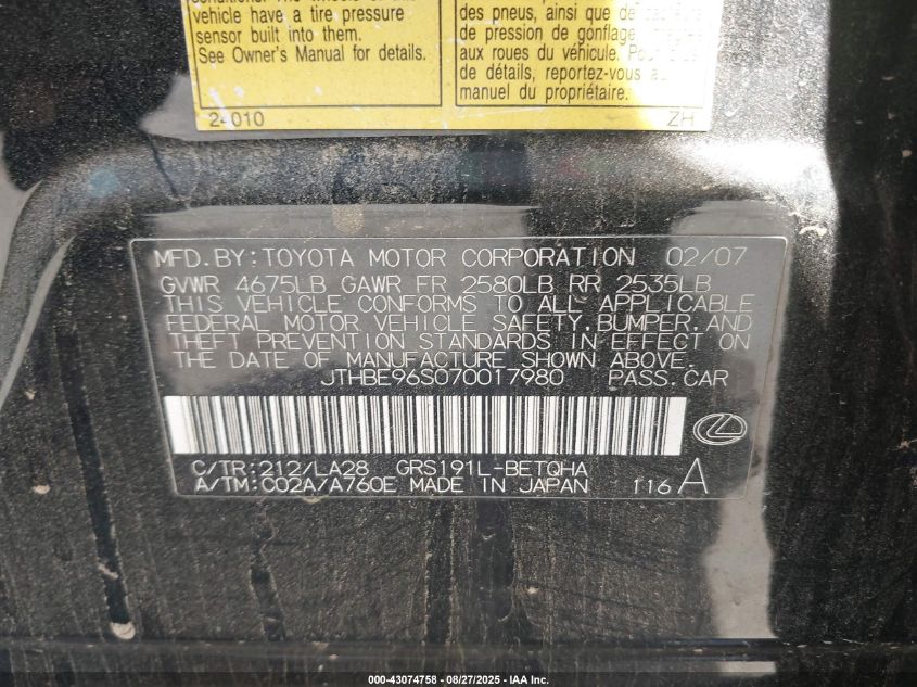 2007 Lexus Gs 350 VIN: JTHBE96S070017980 Lot: 43074758