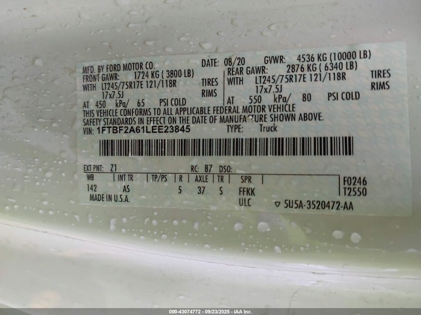 2020 Ford F-250 Xl VIN: 1FTBF2A61LEE23845 Lot: 43074772