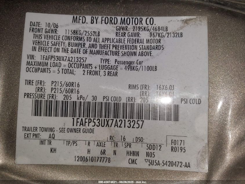 2007 Ford Taurus Se VIN: 1FAFP53UX7A213257 Lot: 43074821