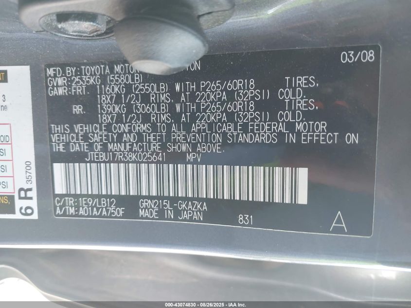 2008 Toyota 4Runner Limited VIN: JTEBU17R38KD25641 Lot: 43074830