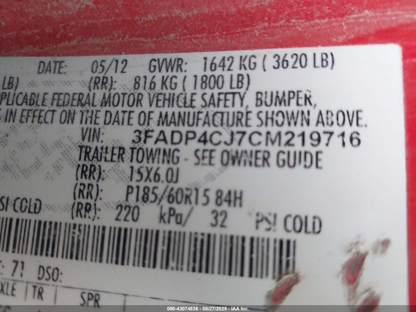 2012 Ford Fiesta Sel VIN: 3FADP4CJ7CM219716 Lot: 43074836