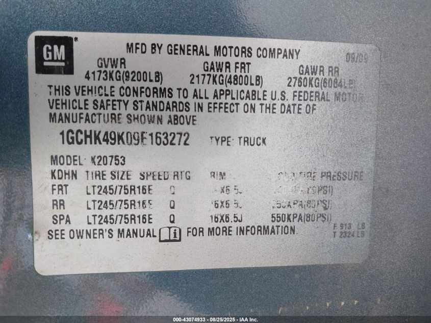 2009 Chevrolet Silverado 2500Hd Work Truck VIN: 1GCHK49K09E163272 Lot: 43074933
