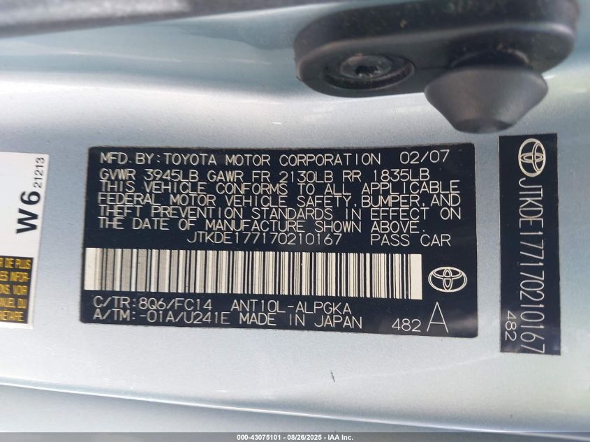 2007 Scion Tc VIN: JTKDE177170210167 Lot: 43075101