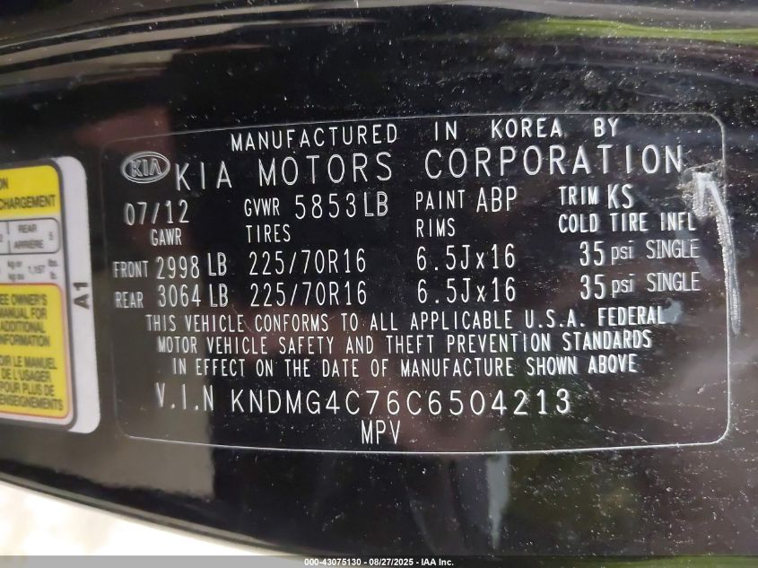 2012 Kia Sedona Lx VIN: KNDMG4C76C6504213 Lot: 43075130