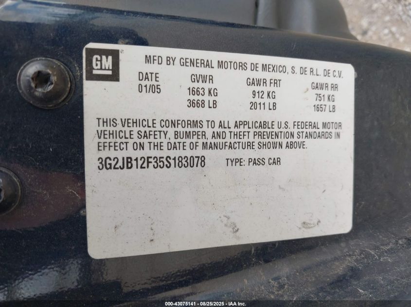 2005 Pontiac Sunfire VIN: 3G2JB12F35S183078 Lot: 43075141