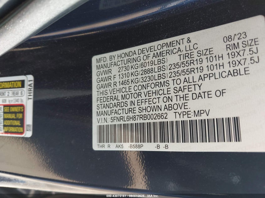 2024 Honda Odyssey Touring VIN: 5FNRL6H87RB002662 Lot: 43075161
