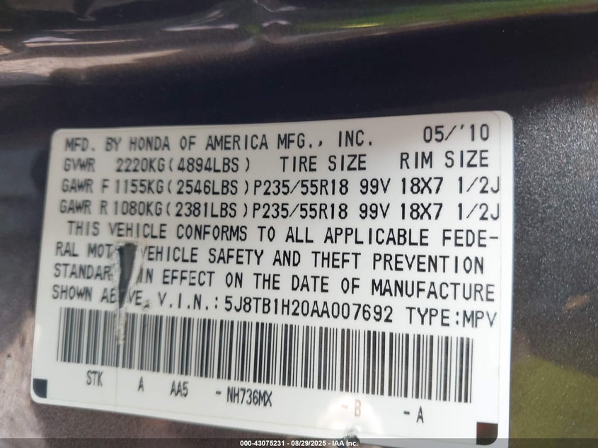 5J8TB1H20AA007692 2010 ACURA RDX photo no. 9