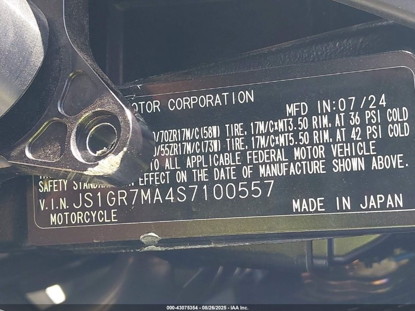 2025 Suzuki Gsx-R750 VIN: JS1GR7MA4S7100557 Lot: 43075354
