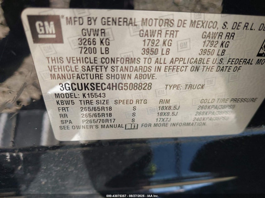2017 Chevrolet Silverado 1500 2Lz VIN: 3GCUKSEC4HG508828 Lot: 43075357