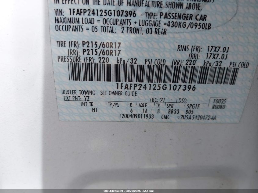 2005 Ford Five Hundred Sel VIN: 1FAFP24125G107396 Lot: 43075369