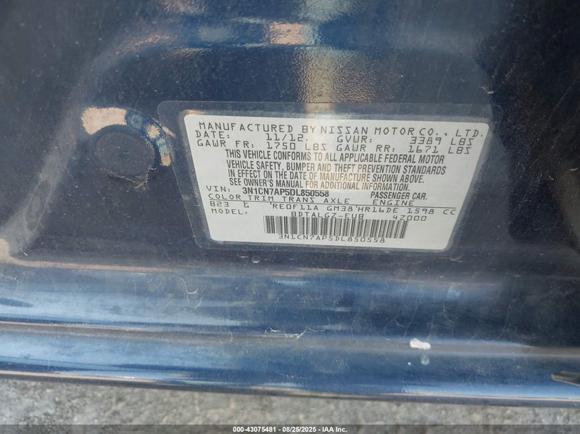 2013 NISSAN VERSA 1.6 SL - 3N1CN7AP5DL850558