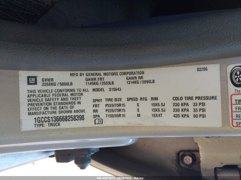 2006 Chevrolet Colorado Lt VIN: 1GCCS136668258398 Lot: 43075572