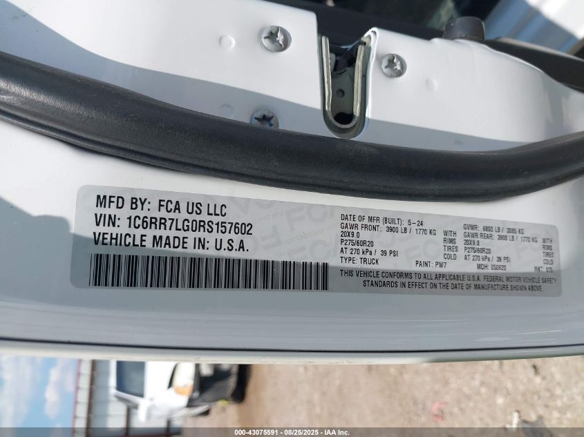2024 Ram 1500 Classic Warlock 4X4 5'7 Box VIN: 1C6RR7LG0RS157602 Lot: 43075591