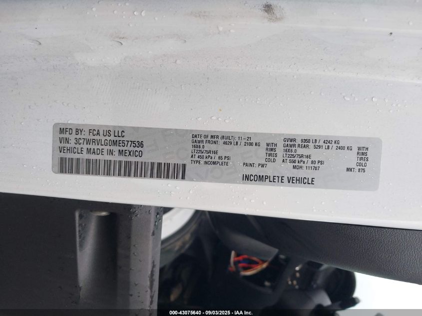 2021 Ram Promaster 3500 Cutaway Low Roof VIN: 3C7WRVLG0ME577536 Lot: 43075640