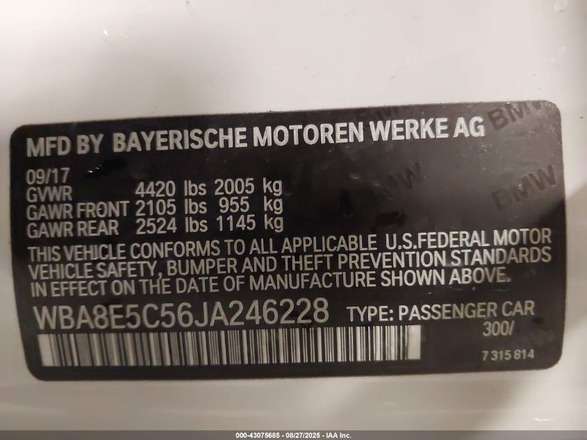 2018 BMW 328D VIN: WBA8E5C56JA246228 Lot: 43075685