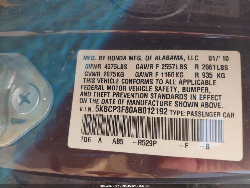 2010 Honda Accord 3.5 Ex-L VIN: 5KBCP3F80AB012192 Lot: 43075727