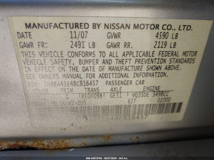 2008 Nissan Maxima 3.5 Se VIN: 1N4BA41E48C816457 Lot: 43075794