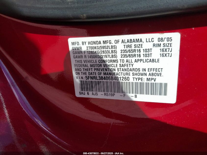 2006 Honda Odyssey Ex VIN: 5FNRL38406B401260 Lot: 43075833