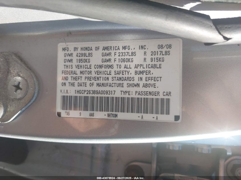 2009 Honda Accord 2.4 Lx VIN: 1HGCP26389A009317 Lot: 43075924