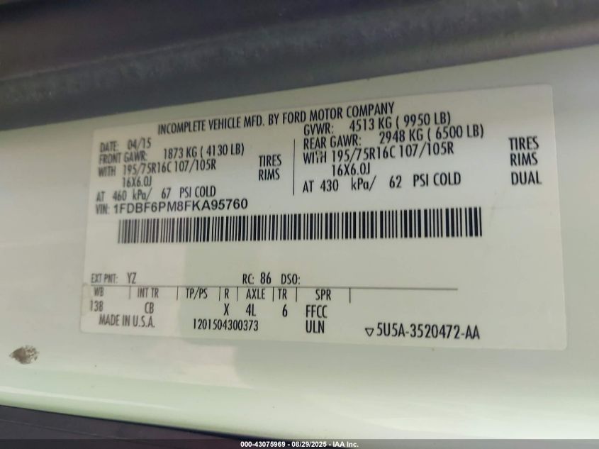 2015 Ford Transit-350 Cutaway VIN: 1FDBF6PM8FKA95760 Lot: 43075969