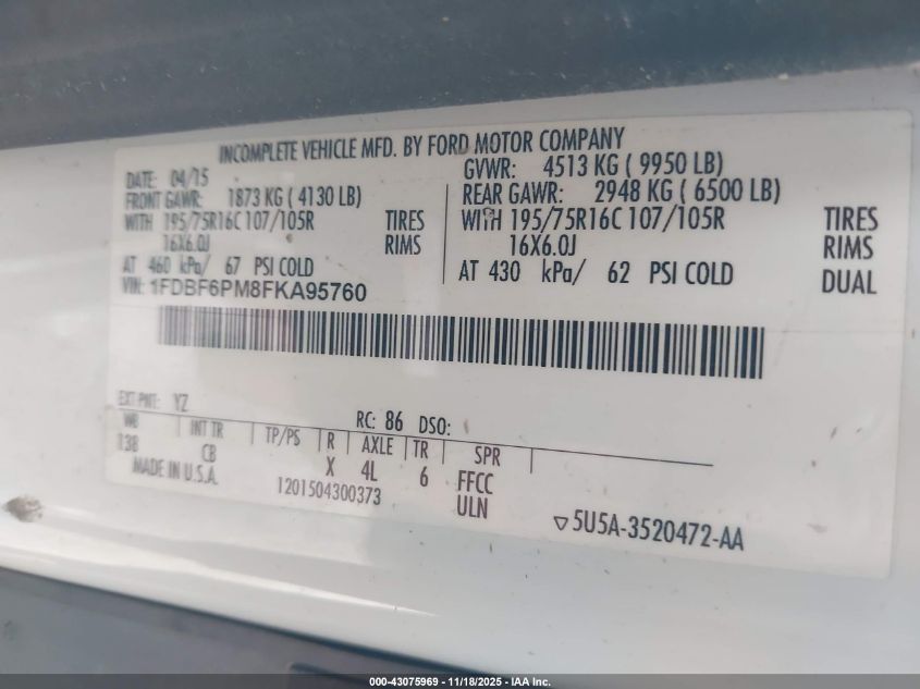 2015 Ford Transit-350 Cutaway VIN: 1FDBF6PM8FKA95760 Lot: 43075969