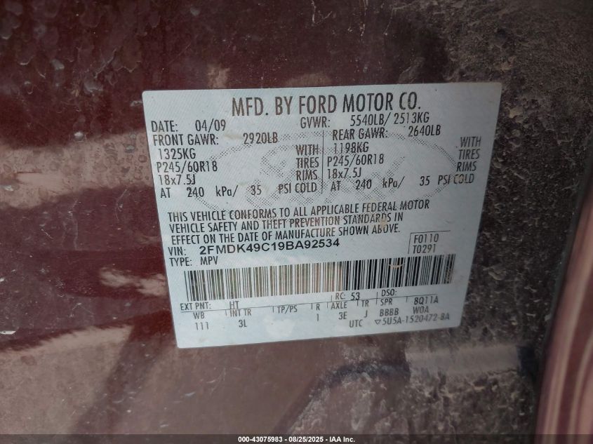 2009 Ford Edge Limited VIN: 2FMDK49C19BA92534 Lot: 43075983