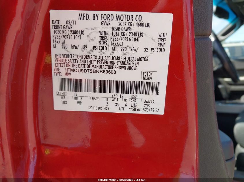 2011 Ford Escape Xlt VIN: 1FMCU9D75BKB69608 Lot: 43075985