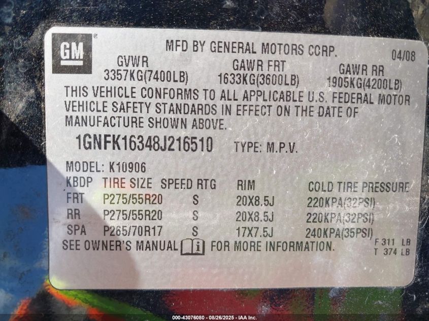 2008 Chevrolet Suburban 1500 Ltz VIN: 1GNFK16348J216510 Lot: 43076080