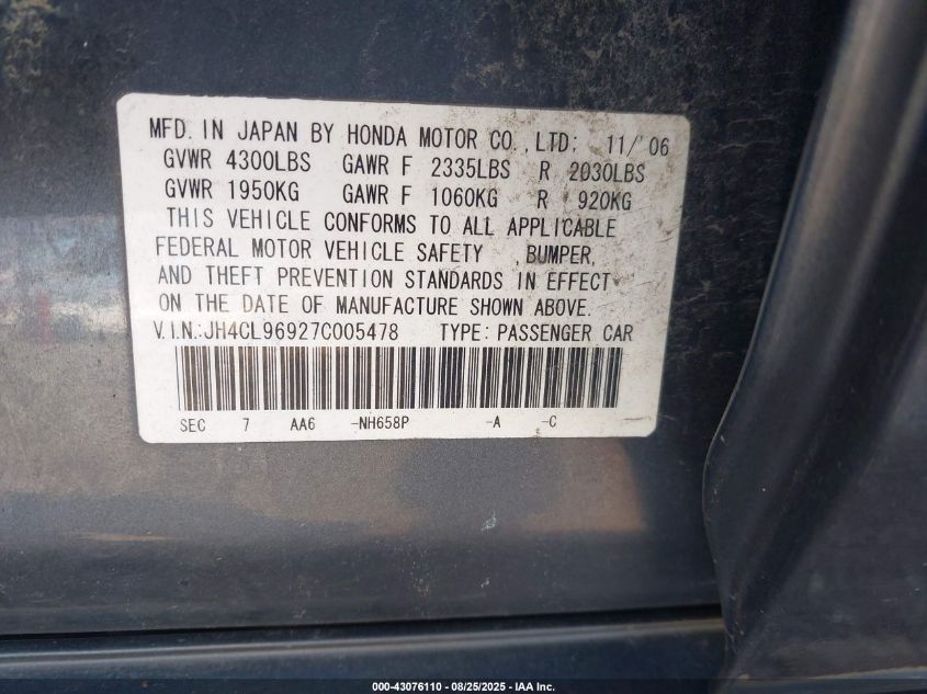 2007 Acura Tsx VIN: JH4CL96927C005478 Lot: 43076110