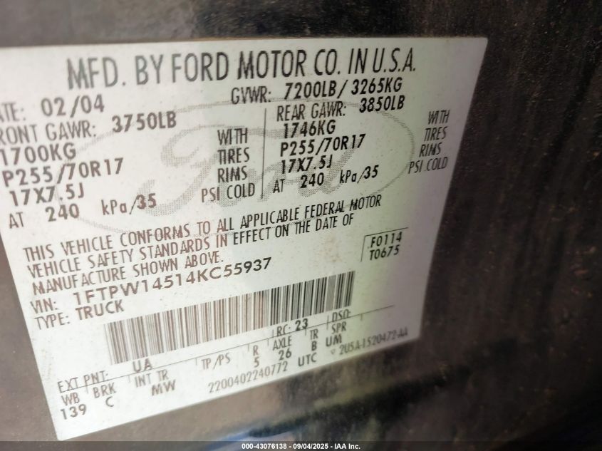 2004 Ford F-150 Fx4/Lariat/Xlt VIN: 1FTPW14514KC55937 Lot: 43076138